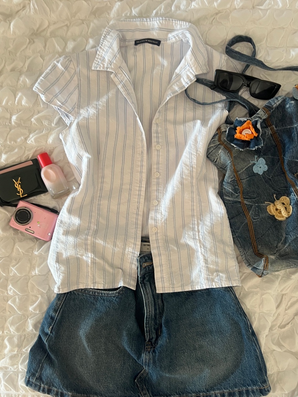 Brandy Melville White Button-Down Top with Light Blue Stripes
